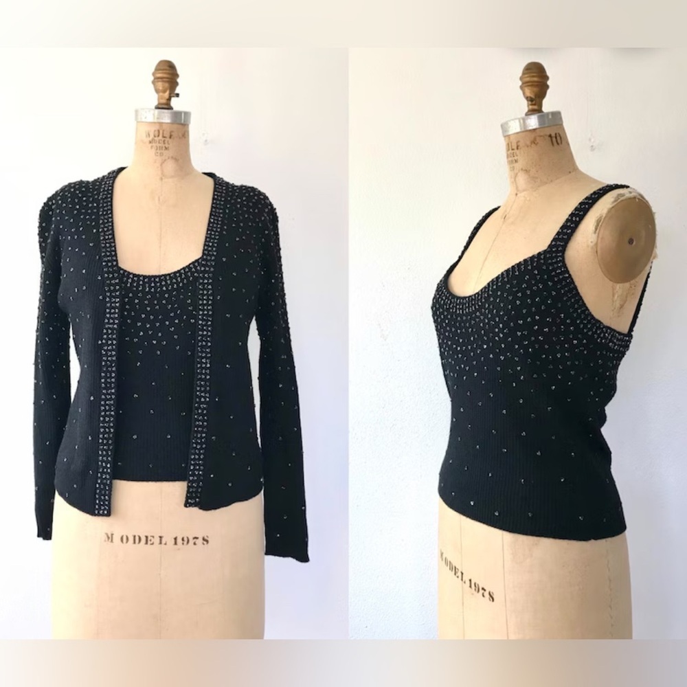 Vintage 60s Beaded Wool Blend tank top w matching cardigan